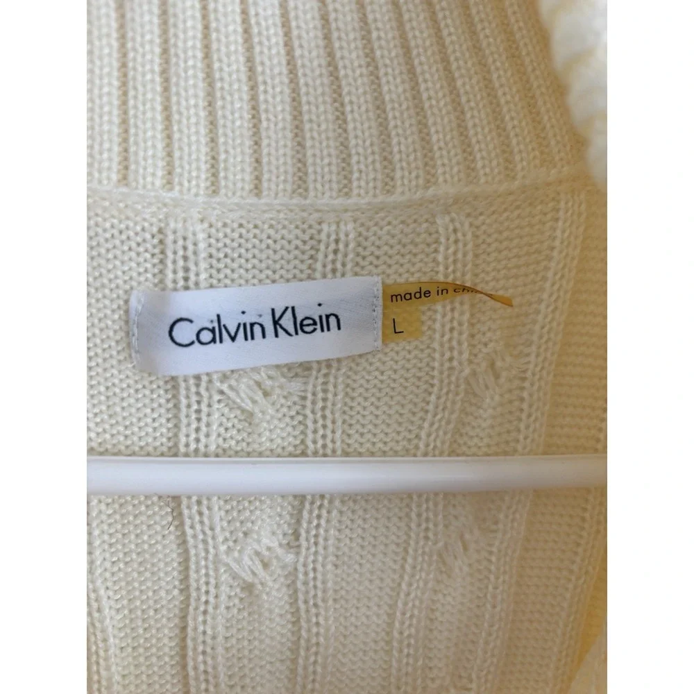 Calvin‎ Klein Ivory Sleeveless Cable knit Sweater Dress Large Shawl Collar NEW